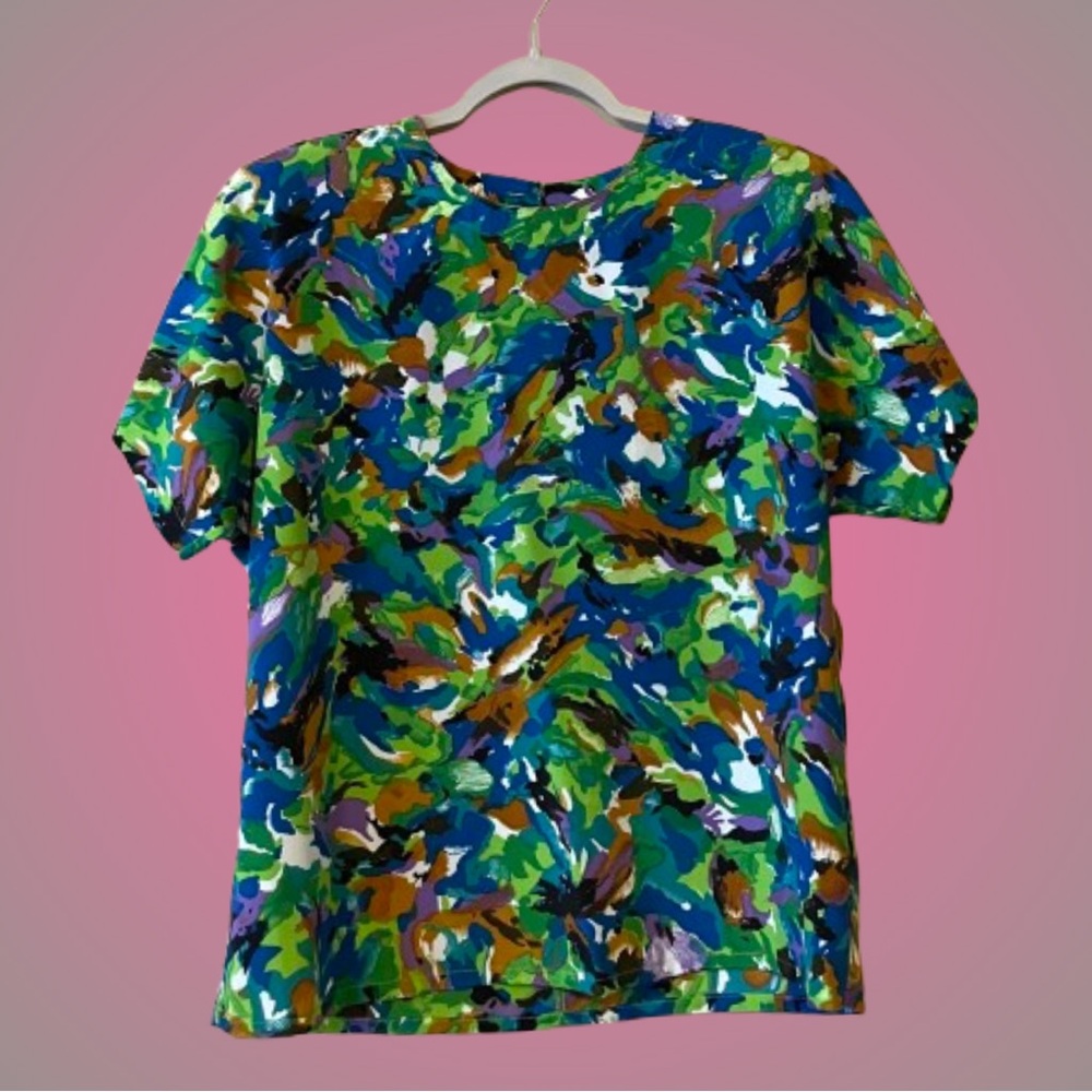 Vintage NICOLA abstract watercolor floral shortsleeve blouse top psychedelic